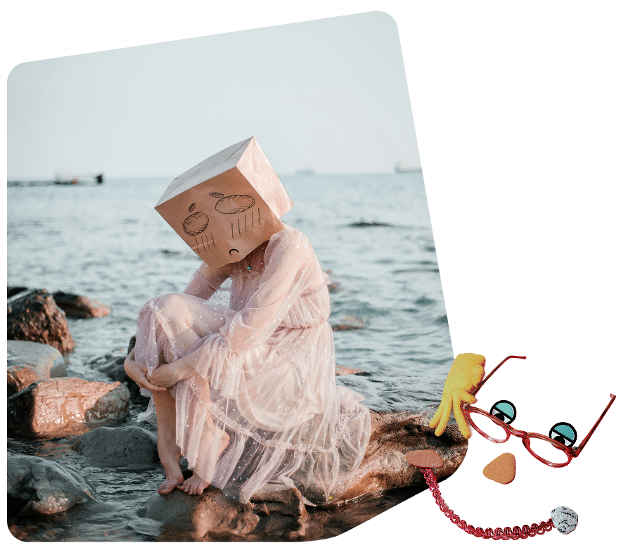 woman with a paper bag on her head