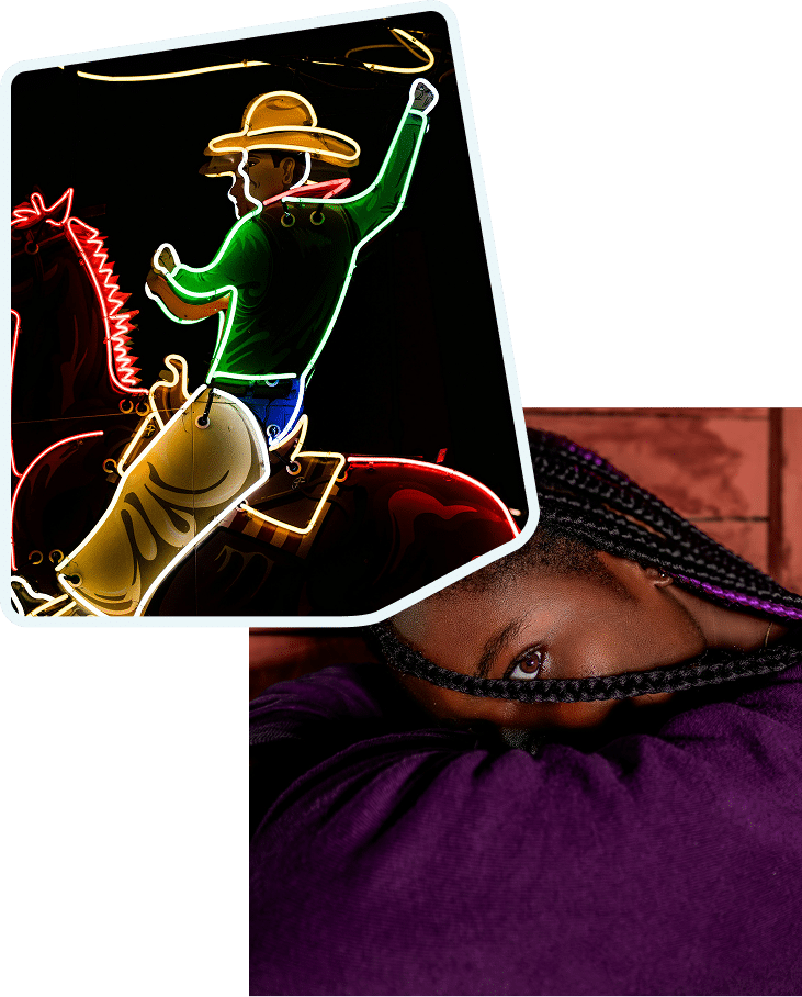 photo of a cowboy illustration with a woman wearing a purple sweater